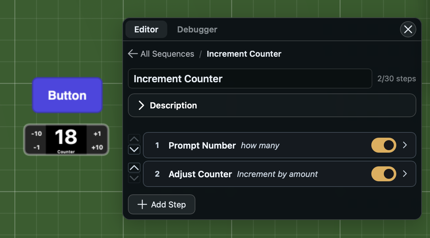 The Sequences panel showing the Editor tab with a sequence called Increment Counter. The sequence has two steps: a Prompt Number step labeled how many, and an Adjust Counter step labeled Increment by amount. Each step has an enabled toggle and an expand arrow.