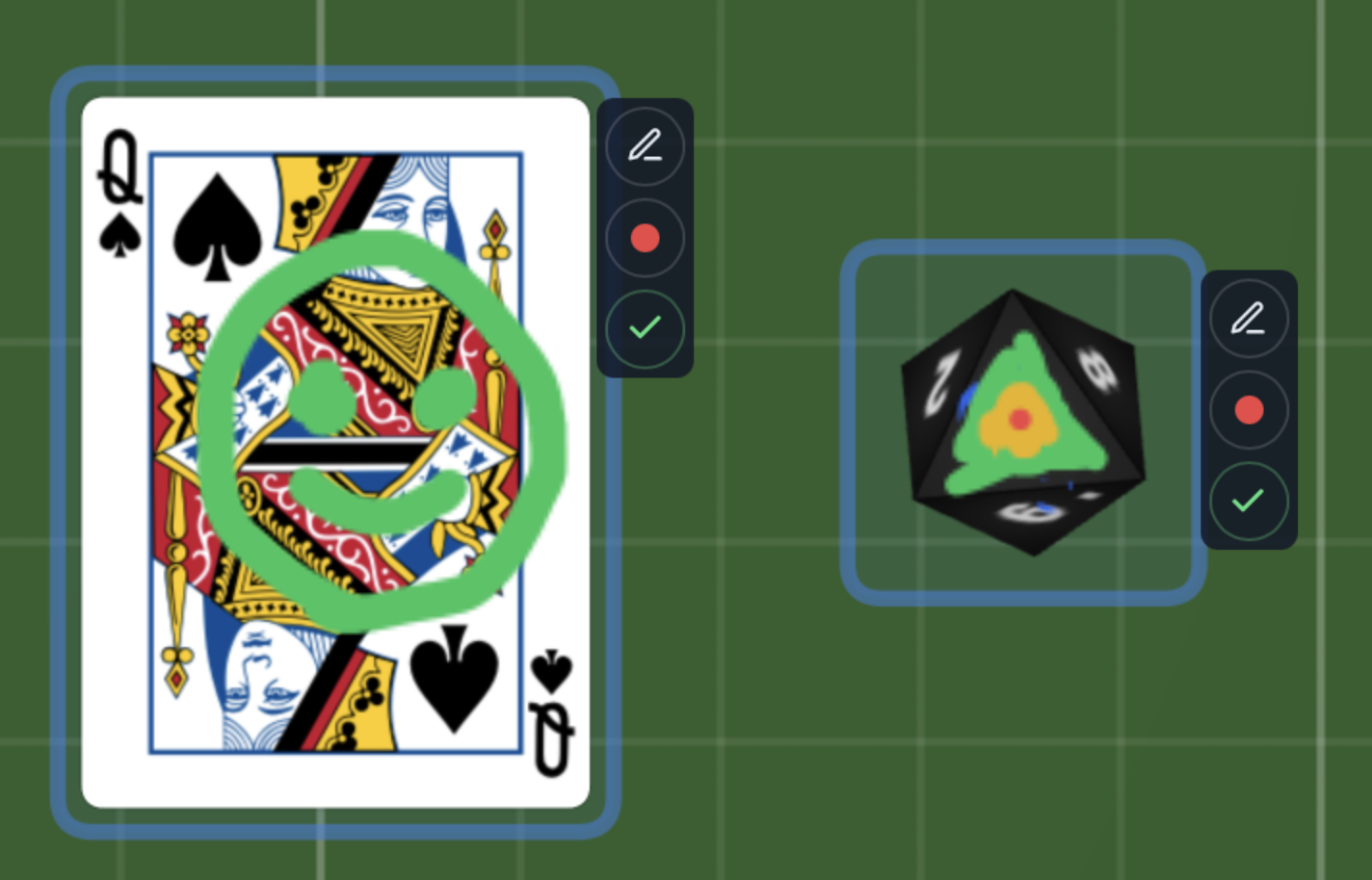 A card and die with freehand markup drawn on them