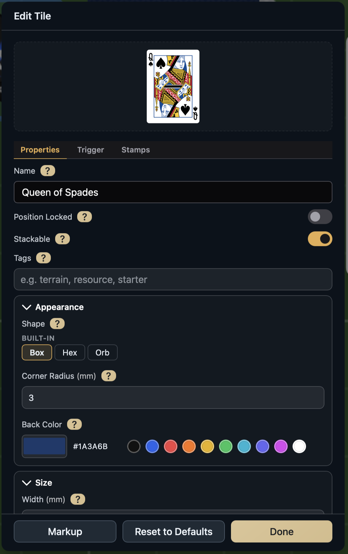 Tile settings dialog showing the Properties tab