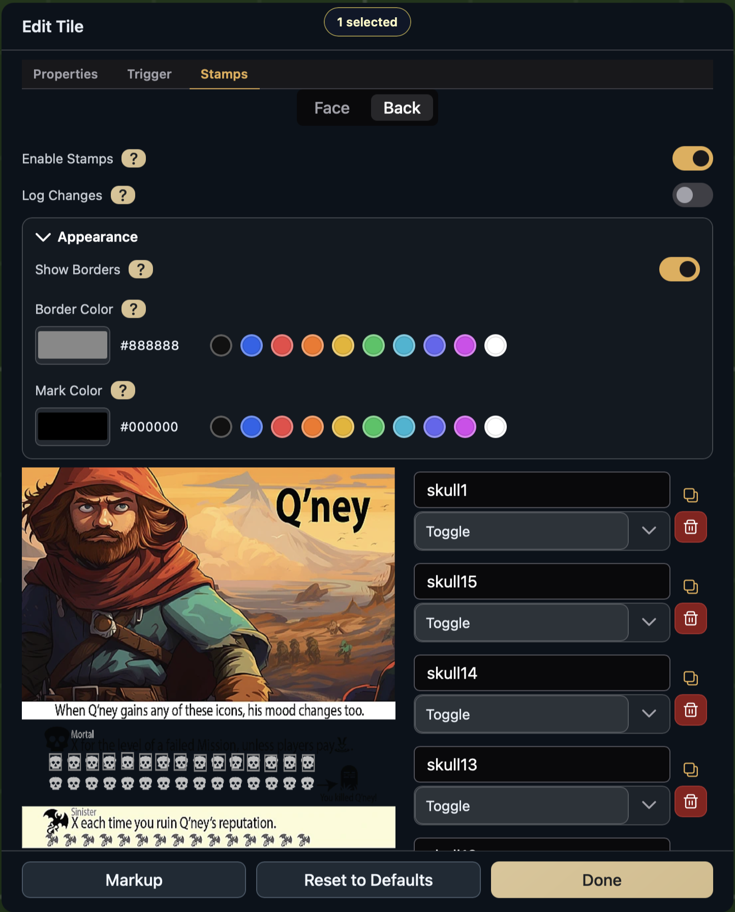Stamps tab showing toggle stamp definitions on a character card
