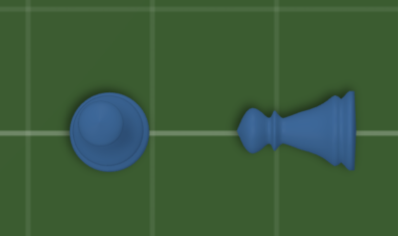 A standing blue pawn on the left next to the same pawn tipped onto its side on the right, showing the exhausted state