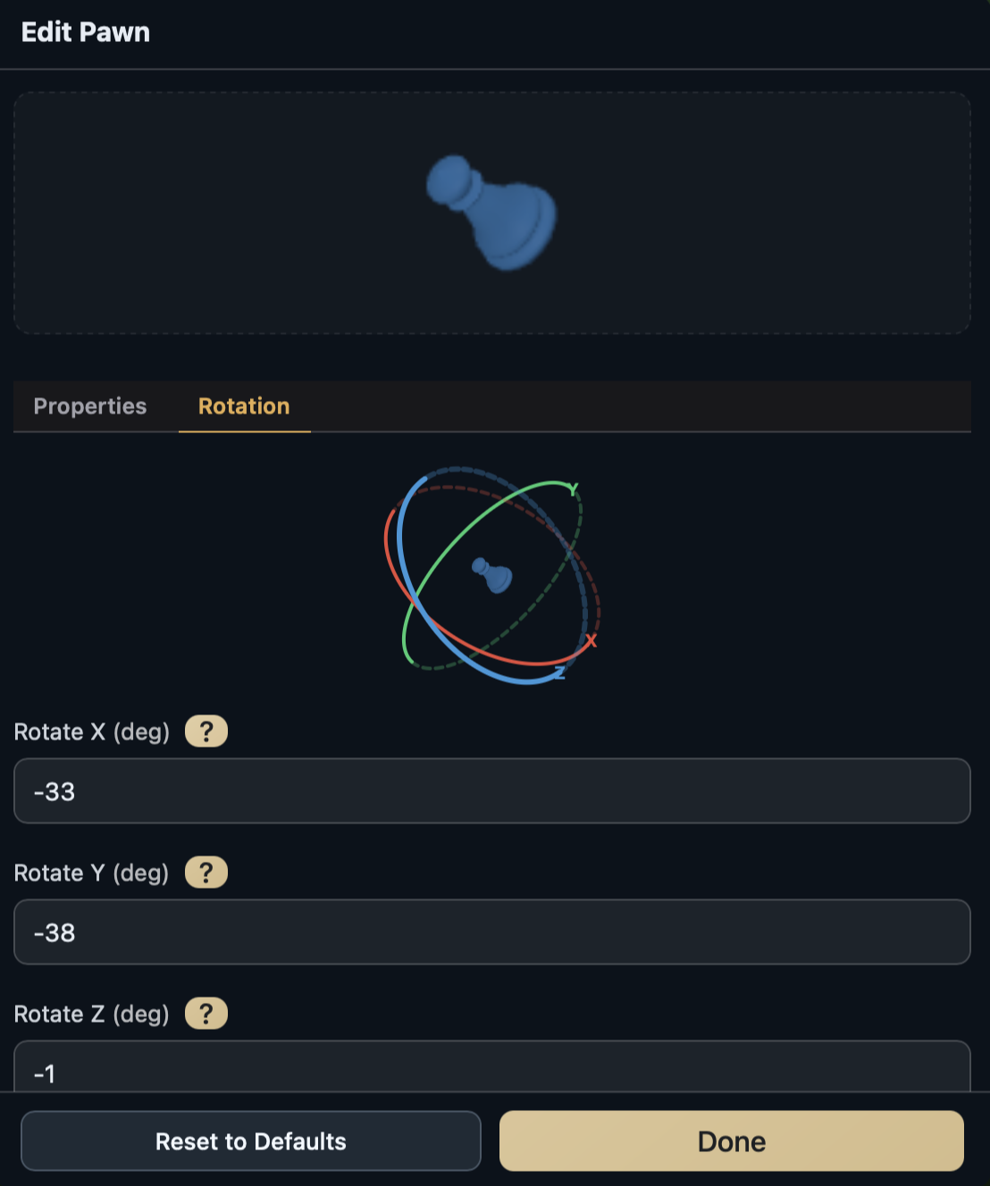 The Rotation tab of the Edit Pawn editor showing a 3D rotation gizmo with X, Y, and Z axes and numeric inputs for each angle