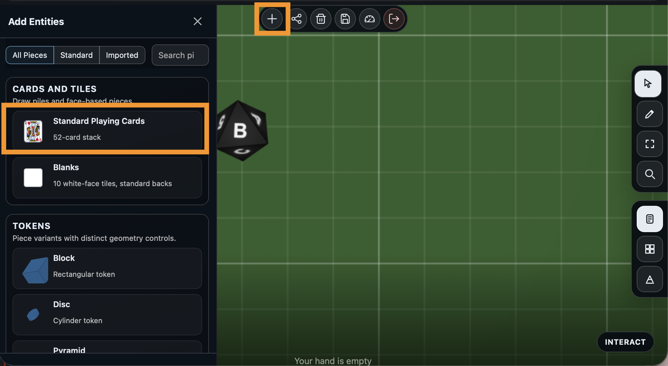 The Add Entities panel showing Standard Playing Cards
