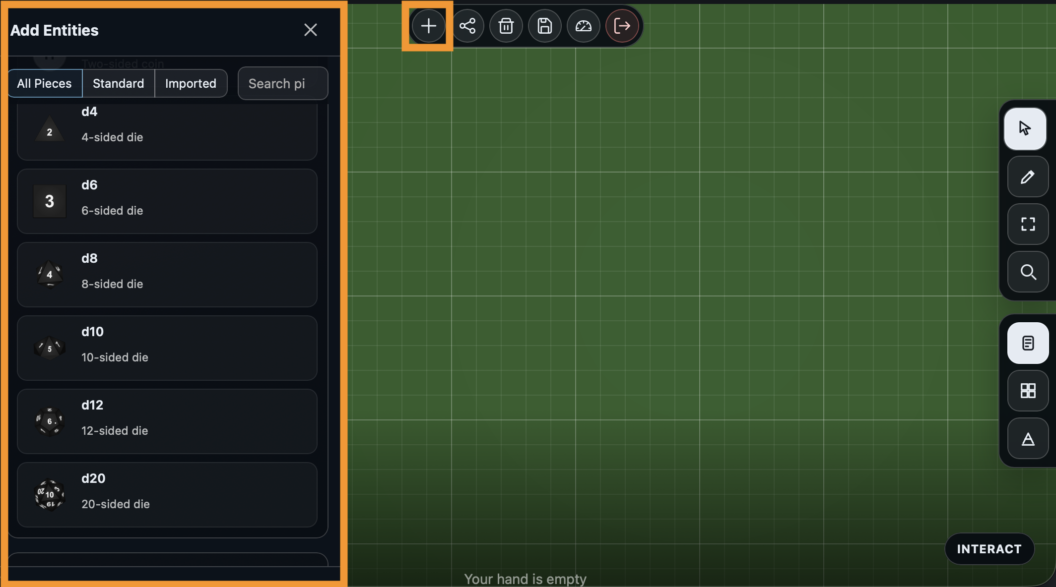 The Add Entities panel showing dice options