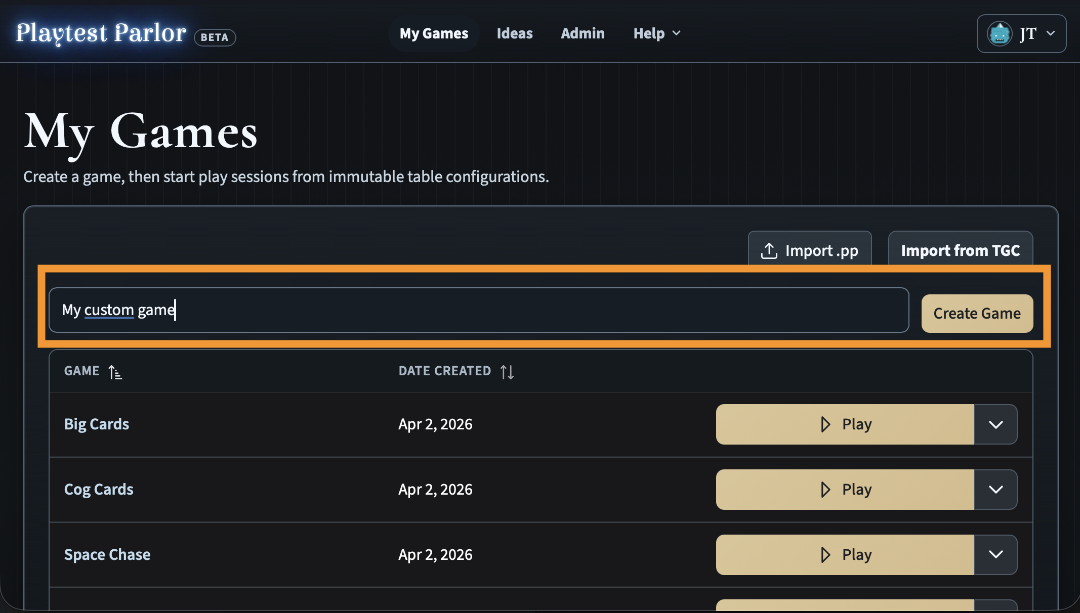 Creating a new game from the My Games page