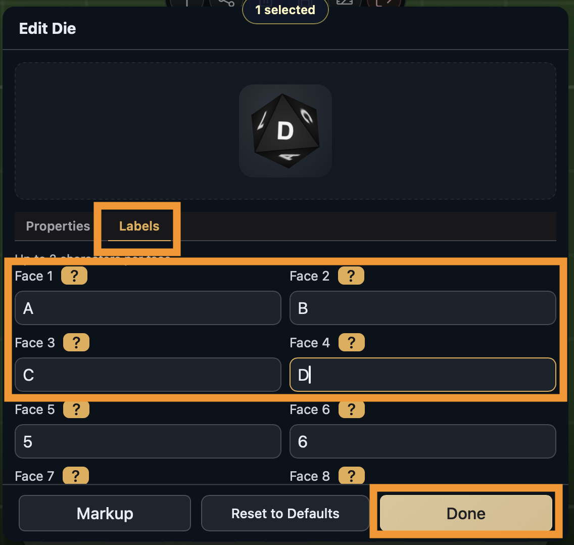 Editing face labels on the Labels tab