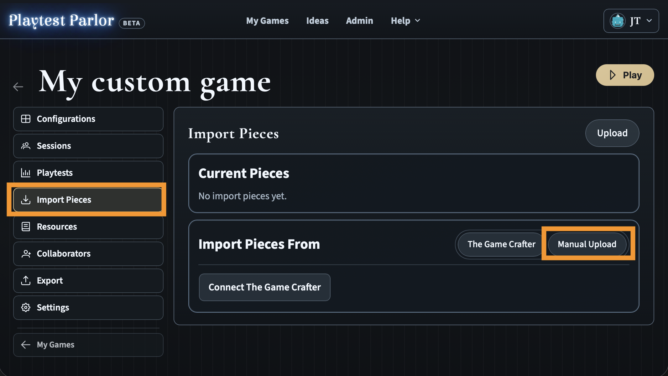 Import Pieces page with Manual Upload highlighted