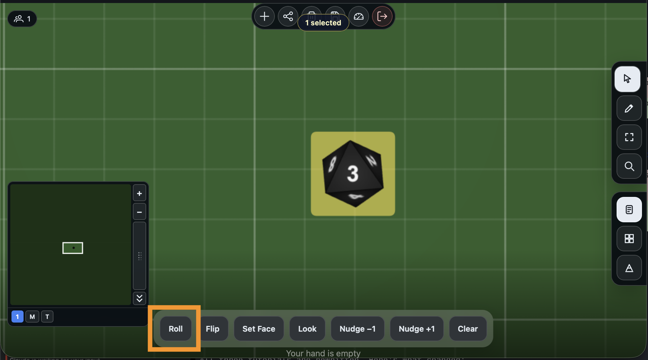 Click the die to see the Actions Dock, then click Roll
