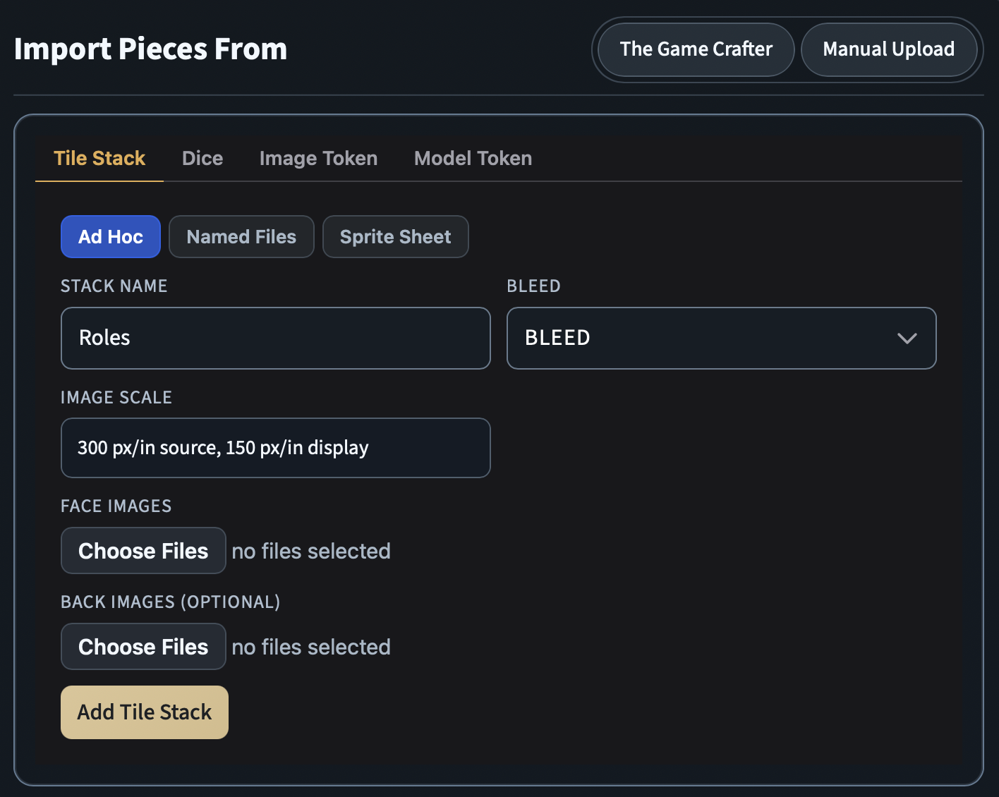 The Ad Hoc upload form for tile stacks