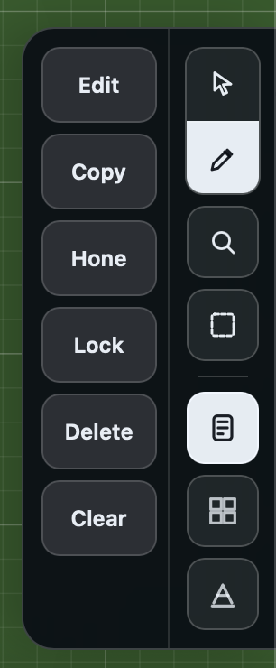 The Action Dock showing Edit mode with a piece selected. The Action Column on the left displays Edit, Copy, Hone, Lock, Delete, and Clear buttons. The Action Rail on the right shows the Interact and Edit mode buttons, Inspect and Select lenses, and the Pieces, Spaces, and Annotations band toggles