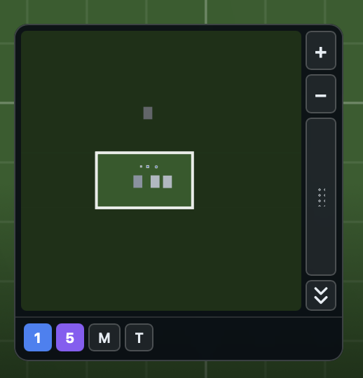 The Minimap widget showing a dark green rectangle representing the table with piece markers and a white rectangle marking the current viewport; a side strip on the right with plus, minus, drag handle, and collapse buttons; and a bottom row of seat buttons labeled 1 and 5 along with M and T action buttons