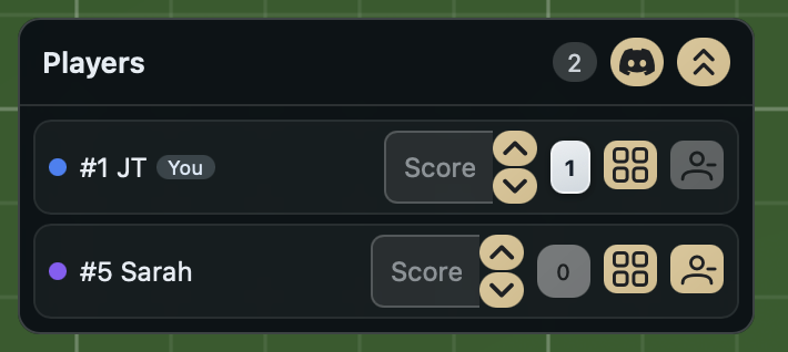 The Players Panel showing a Players header with a count badge, Discord button, and collapse button; two player rows for JT (You) and Sarah with seat color dots, seat numbers, score inputs with up and down steppers, hand count buttons, focus zone buttons, and kick player buttons