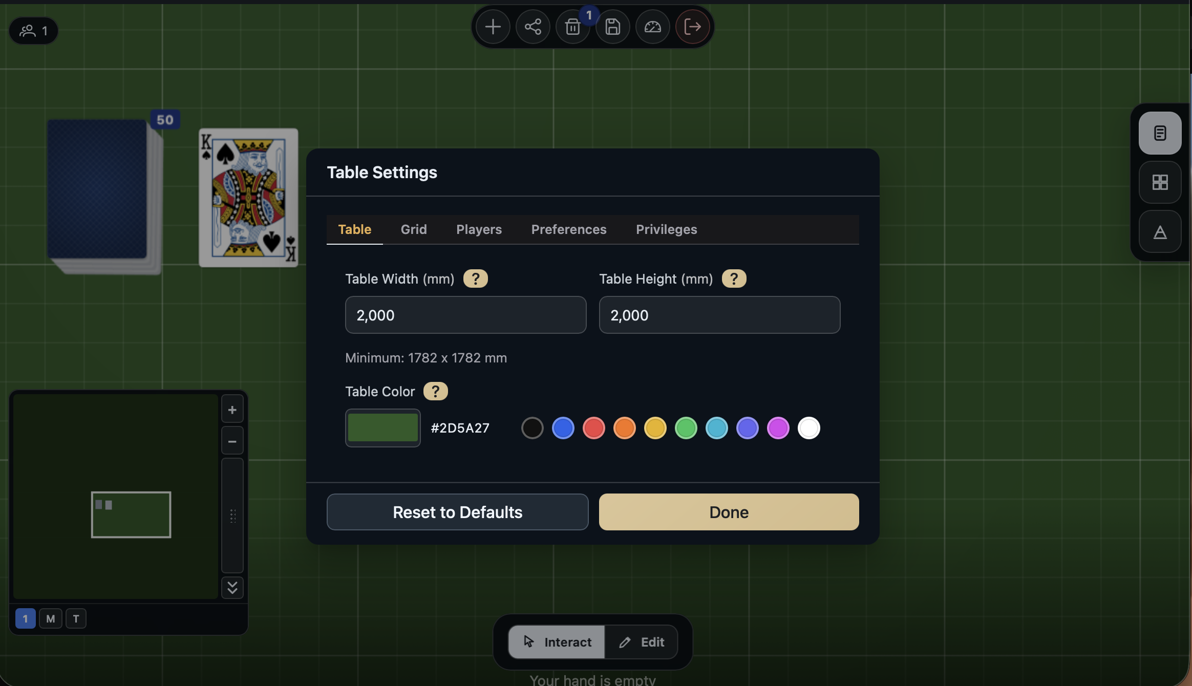 The Table Settings dialog open on the Table tab, showing tabs for Table, Grid, Players, Preferences, and Privileges; width, height, and color fields visible on the Table tab