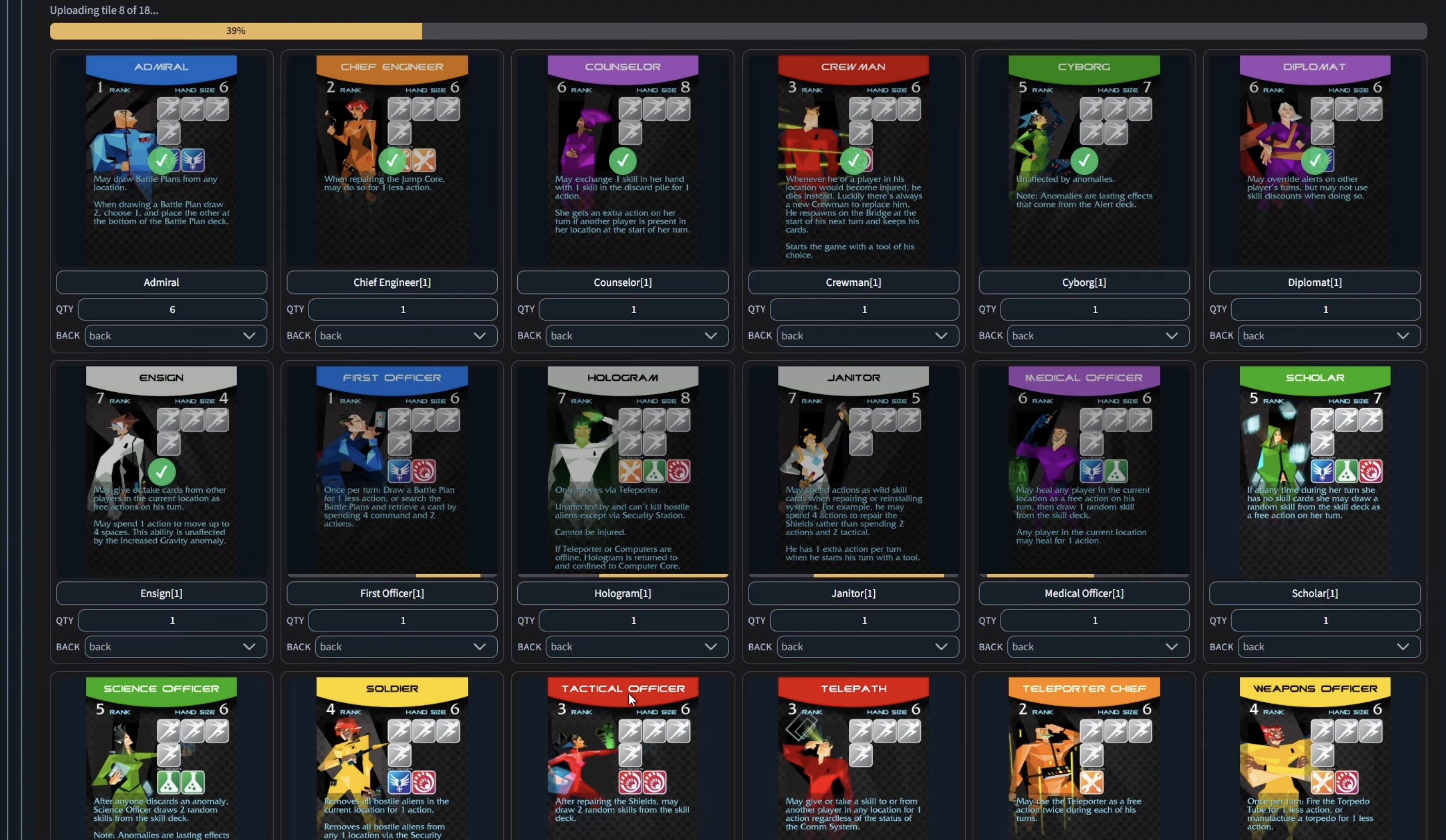 The manual upload grid showing a progress bar reading Uploading tile 8 of 18 above rows of card previews, each with a Name field, a Qty field, and a Back dropdown